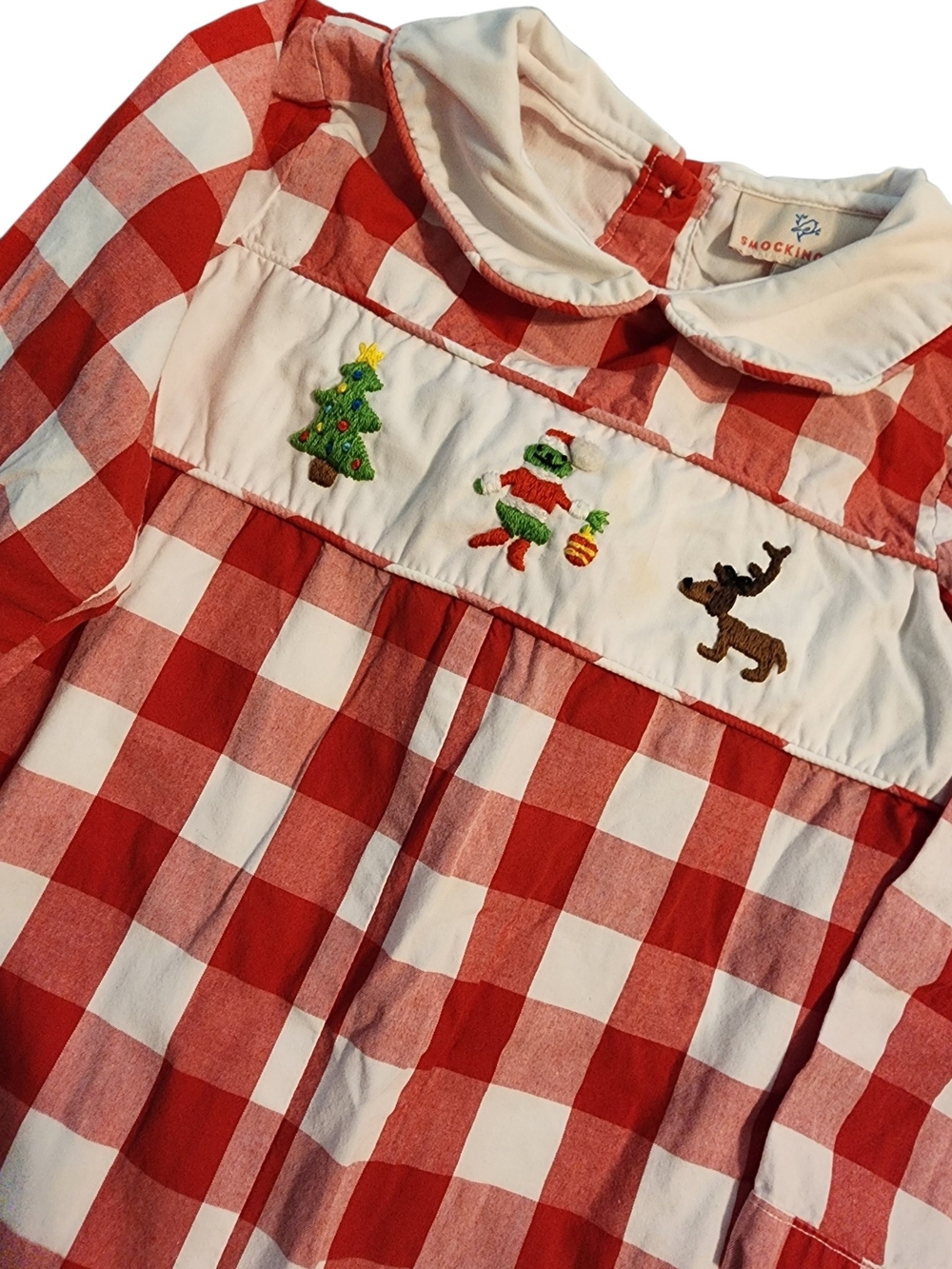 Smocked Red & White Gingham Kids One-Piece Dress - Holiday Embroidery
